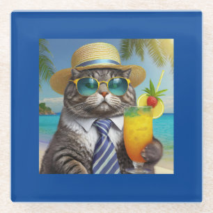 Funny Cool Cat and Tropical Drink Glass Coaster