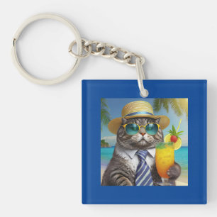 Funny Cool Cat and Tropical Drink Key Ring