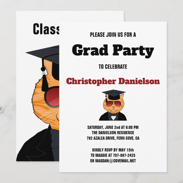 Funny Cool Cat Cartoon Graduation Party Invitation (Front/Back)