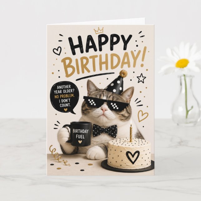 Funny Cool Cat Happy Birthday Card For Everyone (Small Plant)