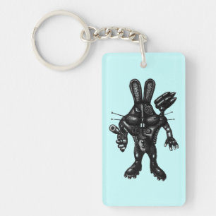 Funny cool cyborg bunny pen ink drawing art key ring