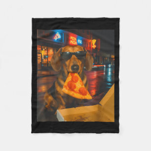 Funny cool dachshund with pizza slice meme food fleece blanket