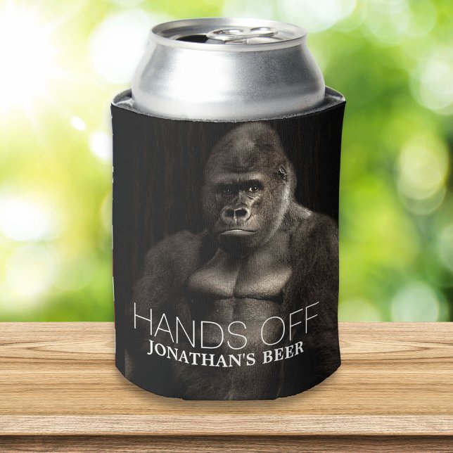 Funny Cool Gorilla "Hands off" your name Beer Can Cooler (Creator Uploaded)