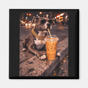 Funny Cool Pitbull Dog Drinking Iced Coffee Animal Magnet