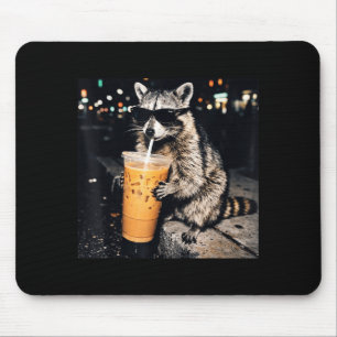 Funny cool racoon drinking iced coffee animal mem mouse mat