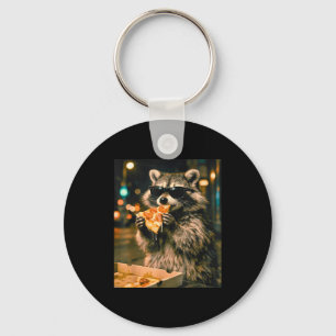 Funny cool racoon with sunglasses eating pizza key ring