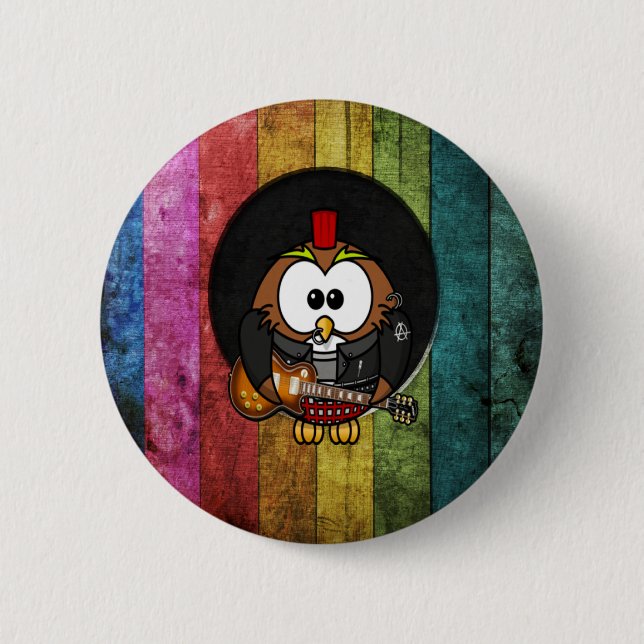 Funny cool rock&roll owl with piercings playing 6 cm round badge (Front)