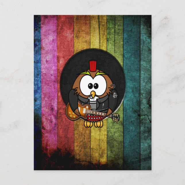 Funny cool rock&roll owl with piercings playing postcard (Front)