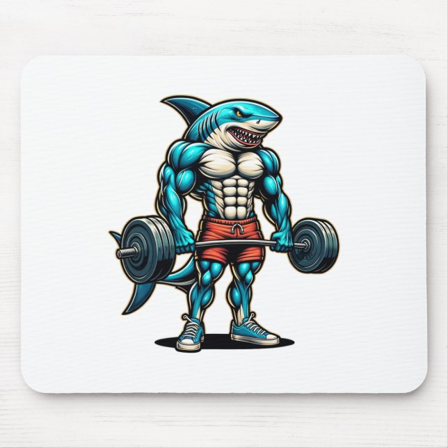 Funny Cool Shark Weightlifting Bodybuilder Muscle  Mouse Mat (Front)