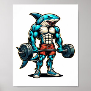 Funny Cool Shark Weightlifting Bodybuilder Muscle Poster