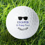 Funny Cool Sunglasses Escaped & Hiding Lost Golf Balls<br><div class="desc">Do your golf balls get lost and seem to go into hiding? This design adds a humourous touch to the spherical escapees. Each ball in this set of three features a funny "escaped and hiding from" caption, to personalise with the owner's name. At the top is a pair of cool...</div>