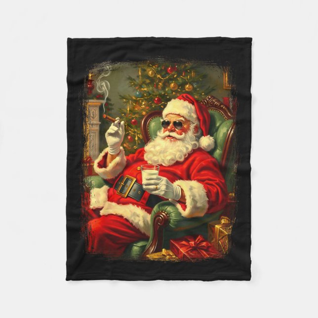 Funny Cool Sungles Cigar And Milk Santa Christmas  Fleece Blanket (Front)