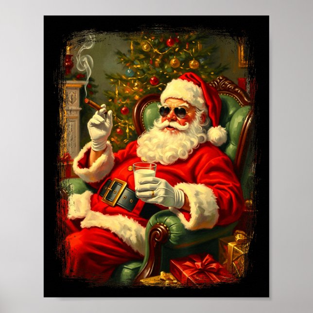 Funny Cool Sungles Cigar And Milk Santa Christmas  Poster (Front)
