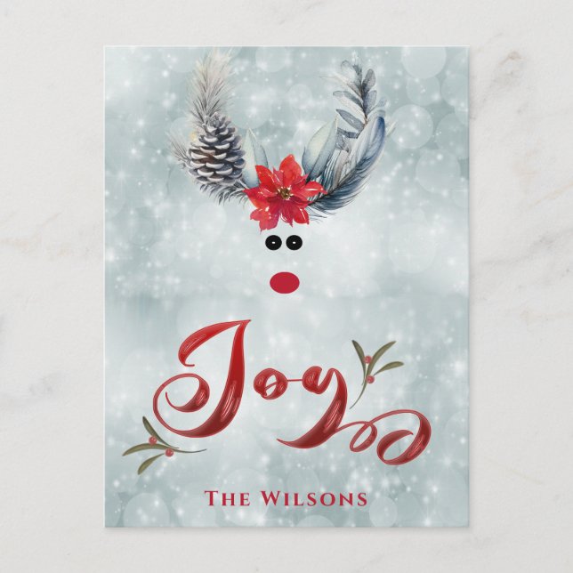 Funny cool whimsy poinsettia reindeer holiday postcard (Front)