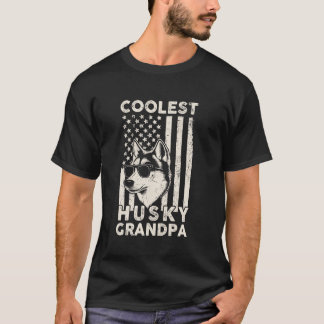 Funny Coolest Husky Grandpa Vintage American Flag T-Shirt