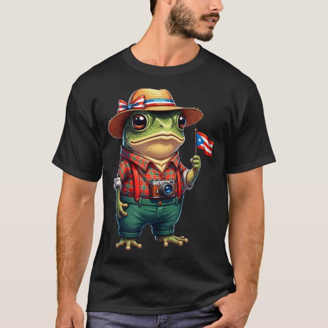 Funny Coqui Frog Puerto Rico Flag Taino Boricua Hi T-Shirt (Front)