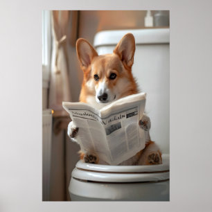 Funny Corgi Bathroom Print, Toilet Newspaper Art Poster