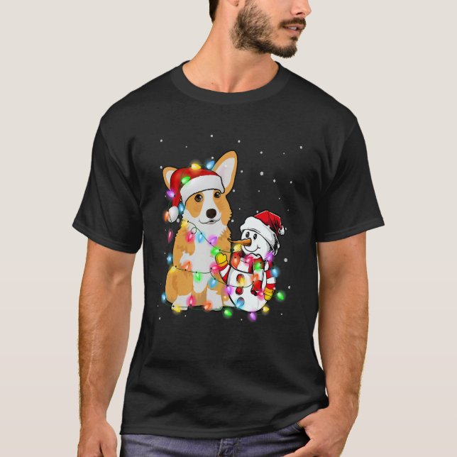 Funny Corgi Dog Christmas Tee Snowman Xmas Lights  (Front)