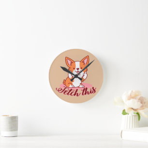 Funny Corgi Dog Middle Finger Fetch This Round Clock