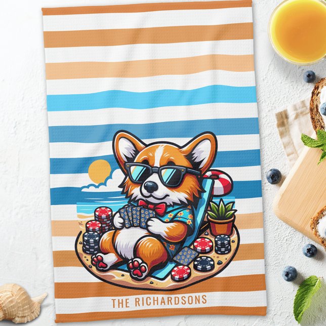 Funny Corgi Dog Poker Player on Vacation Tea Towel (Creator Uploaded)