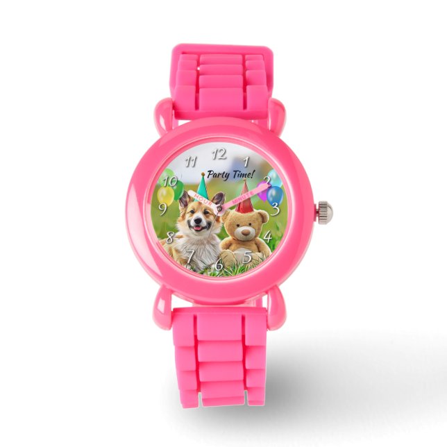 Funny Corgi Dog Teddy Birthday Party Watch (Front)