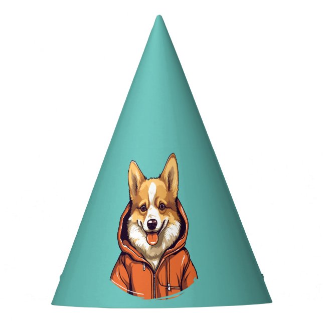 Funny Corgi Dog Wearing Hoodie Party Hat (Front)