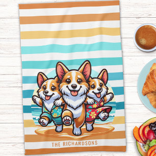 Funny Corgi Dogs Personalised Vintage Coastal Tea Towel