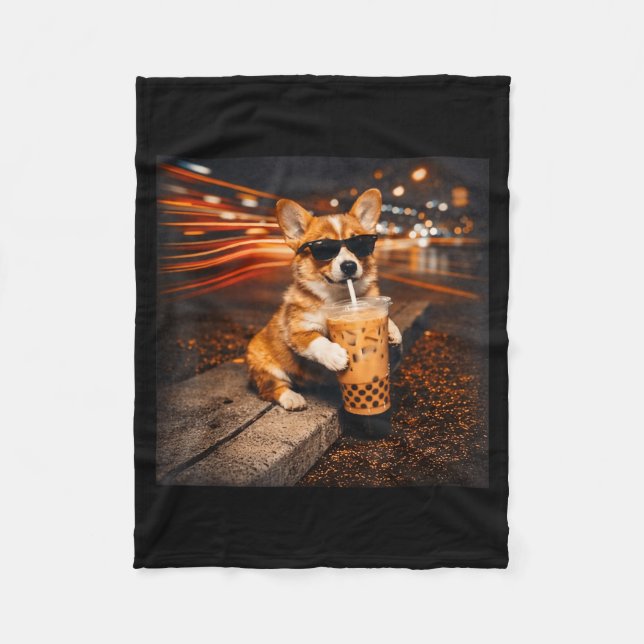 Funny Corgi Drinking Iced Coffee Cute Dog Meme Fleece Blanket (Front)