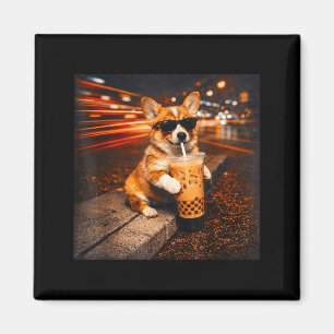Funny corgi drinking iced coffee cute dog meme magnet