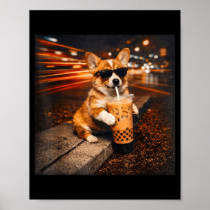 Funny Corgi Drinking Iced Coffee Cute Dog Meme Poster