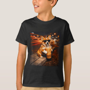 Funny corgi drinking iced coffee cute dog meme T-Shirt