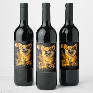 Funny Corgi Howling at The Moon Wine Label