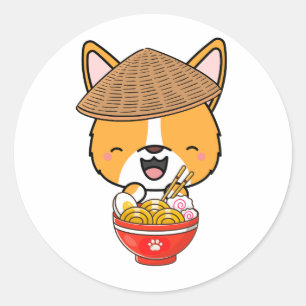 Funny corgi is eating noodles classic round sticker