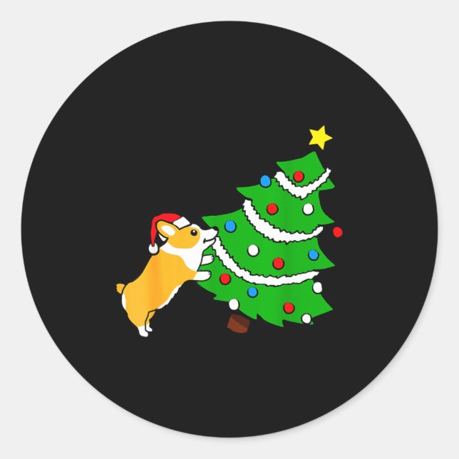 Funny Corgi Pushing Christmas Tree Xmas Dog Mom  Classic Round Sticker (Front)