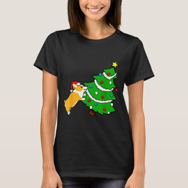Funny Corgi Pushing Christmas Tree Xmas Dog Mom  T-Shirt (Front)