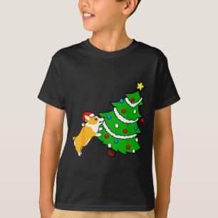 Funny Corgi Pushing Christmas Tree Xmas Dog Mom  T-Shirt