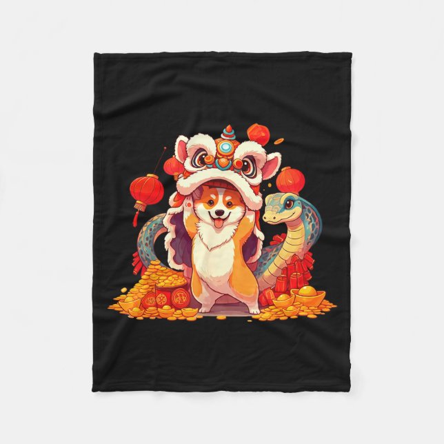 Funny Corgi Snake Chinese New Year 2025 Womens Men Fleece Blanket (Front)