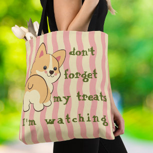 Funny Corgi Treats Pink Stripe Typography Tote Bag