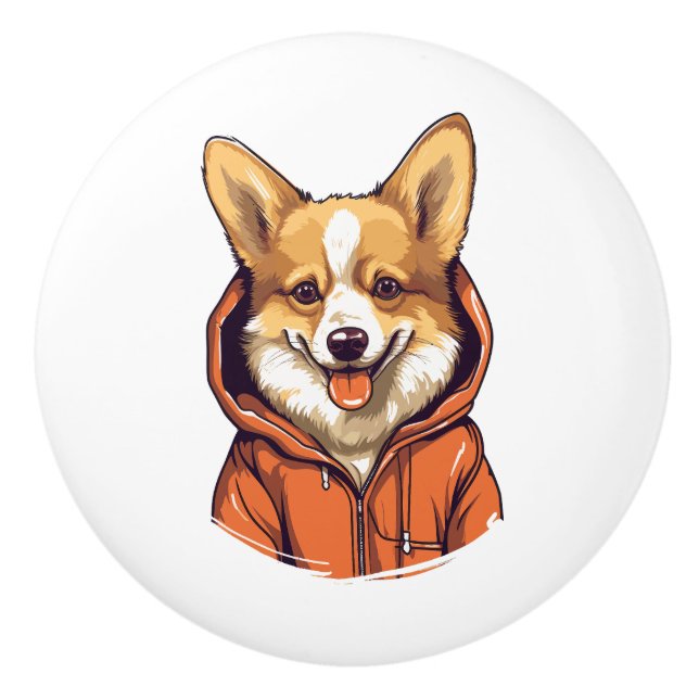 Funny Corgi Wearing Hoodie Ceramic Knob (Front)