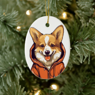 Funny Corgi Wearing Hoodie Ceramic Tree Decoration