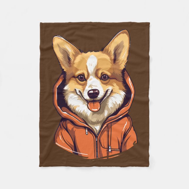 Funny Corgi Wearing Hoodie Fleece Blanket (Front)