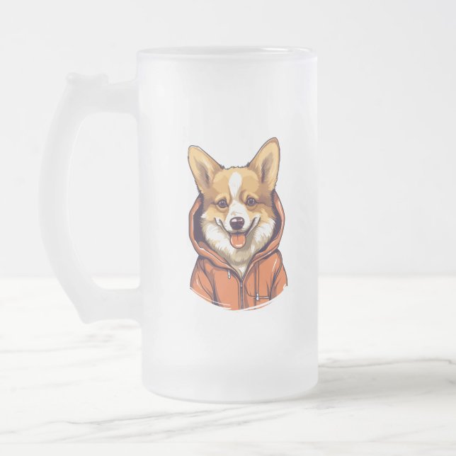 Funny Corgi Wearing Hoodie Frosted Glass Beer Mug (Left)