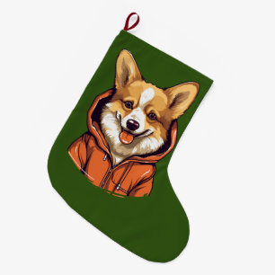 Funny Corgi Wearing Hoodie Large Christmas Stocking