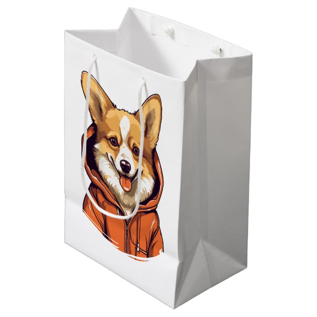 Funny Corgi Wearing Hoodie Medium Gift Bag (Front Angled)