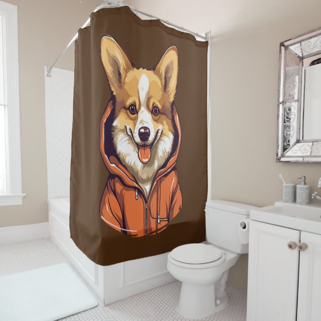 Funny Corgi Wearing Hoodie Shower Curtain (In Situ)