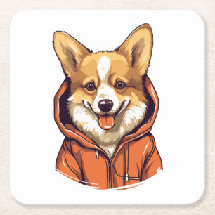 Funny Corgi Wearing Hoodie Square Paper Coaster