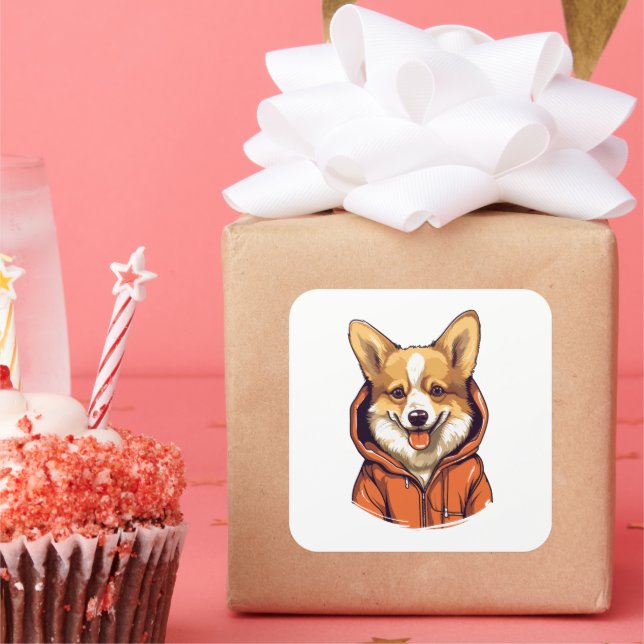Funny Corgi Wearing Hoodie Square Sticker (Party)