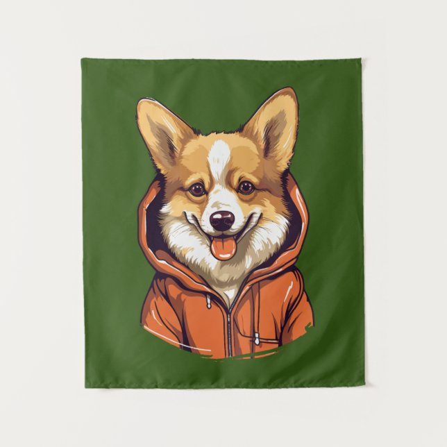Funny Corgi Wearing Hoodie Tapestry (Front)