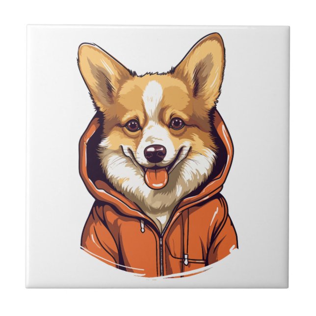 Funny Corgi Wearing Hoodie Tile (Front)