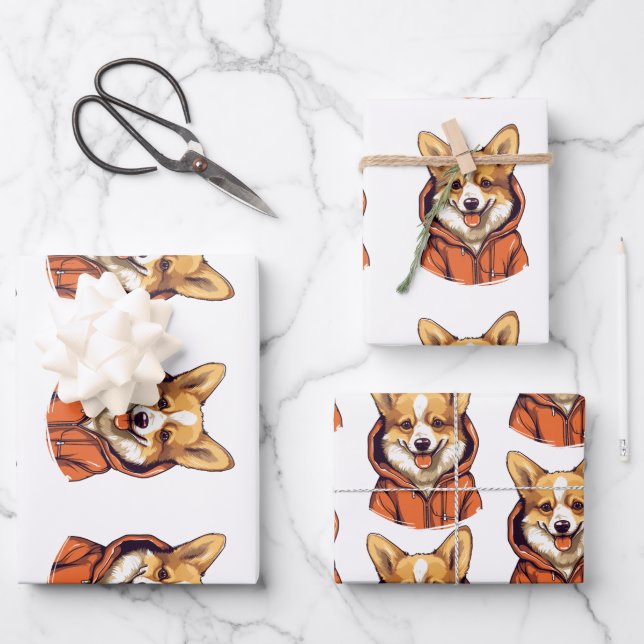Funny Corgi Wearing Hoodie Wrapping Paper Sheet (Front)